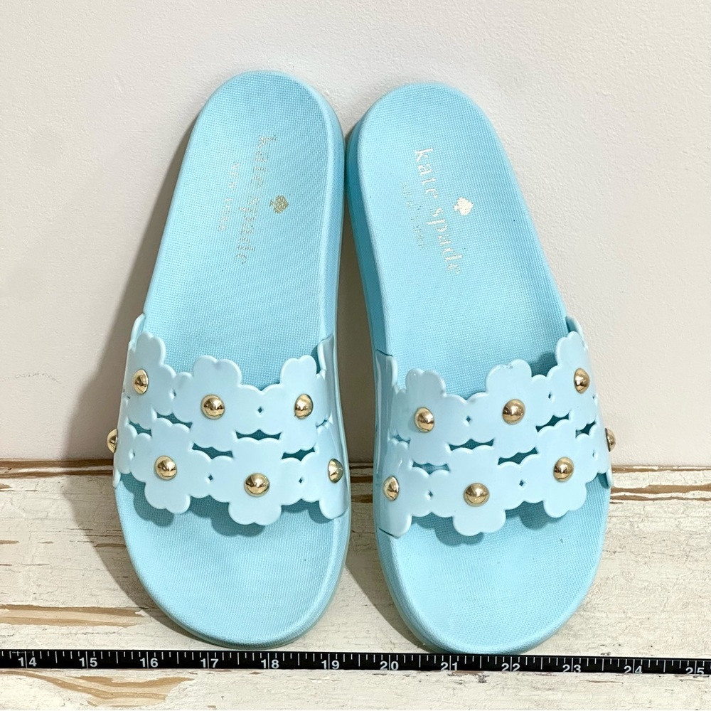 Kate Spade New York Turquoise Blue Floral Slides Sandals Gold Embellishment 7B